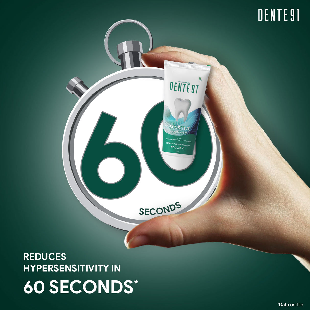 Hand holding Dente91 Sensitive toothpaste beside stopwatch showing 60 seconds, reduces hypersensitivity