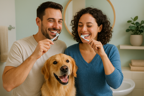 Smiling couple brushing teeth with golden retriever dog in a bright bathroom