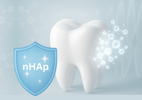 3D white tooth, blue nHAp shield, molecule graphic, dental enamel protection concept