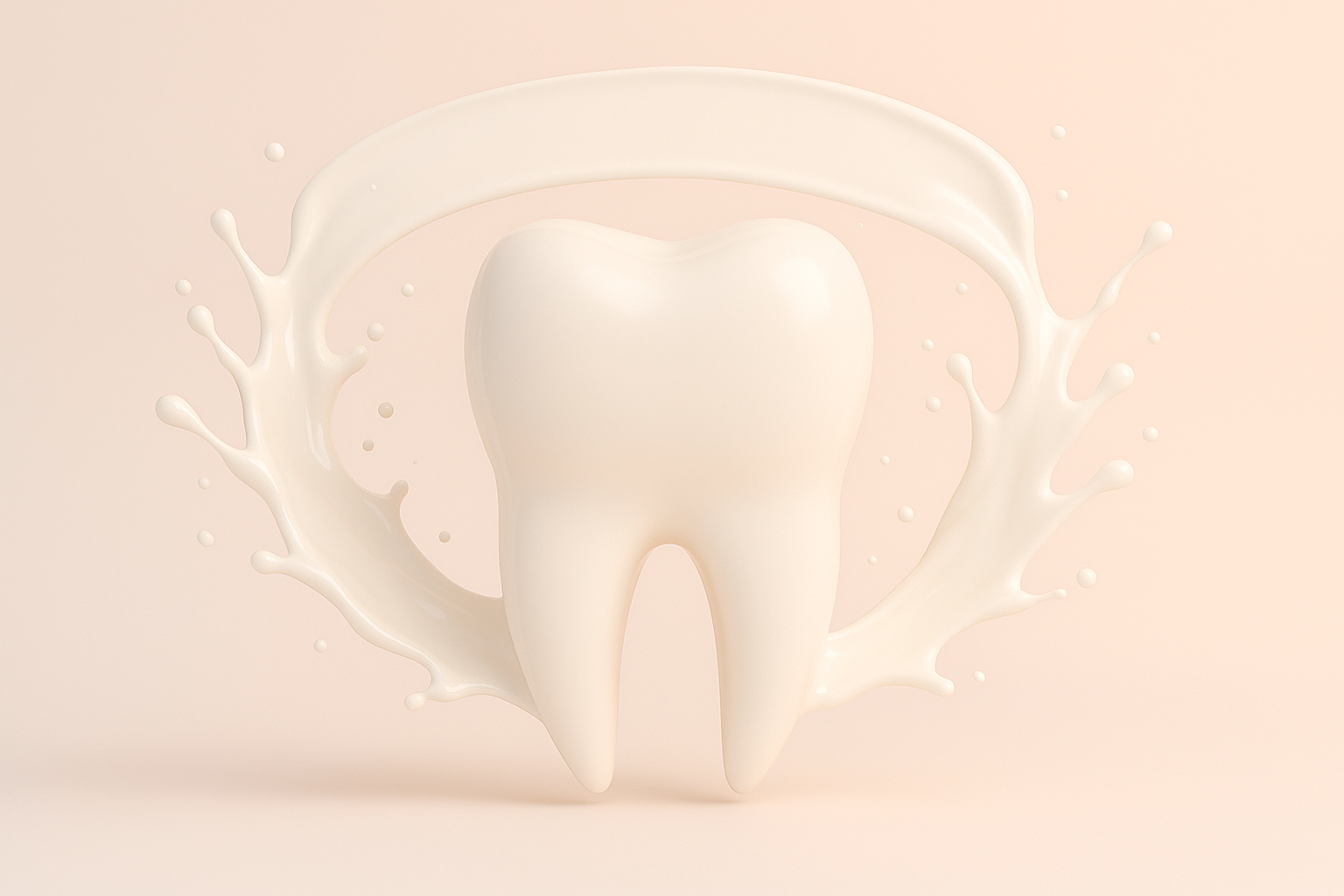 3D white tooth with milk splash on beige background, dental health and calcium concept