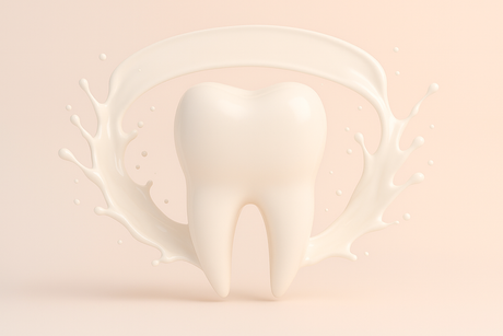 3D white tooth with milk splash on beige background, dental health and calcium concept