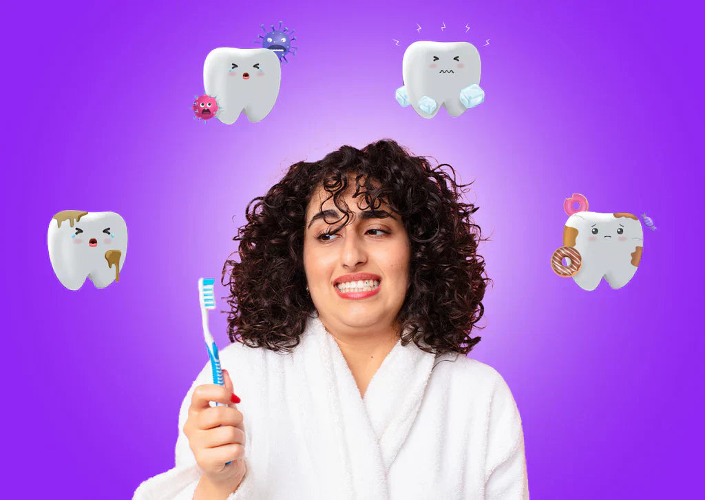 Woman in white robe holding toothbrush, surrounded by cartoon dirty and sad teeth on purple background