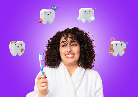 Woman in white robe holding toothbrush, surrounded by cartoon dirty and sad teeth on purple background