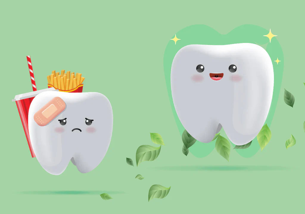 Illustration of sad tooth with fast food and bandage next to happy tooth surrounded by leaves