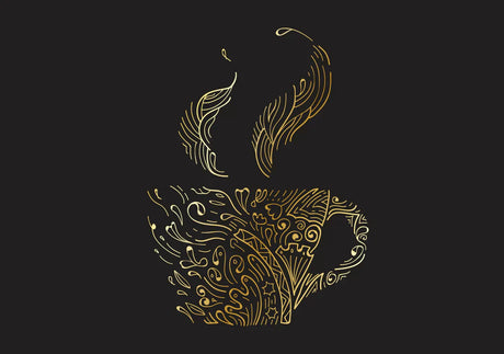 Artistic gold line coffee cup with ornate steam on black background