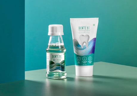 Dente91 sensitive toothpaste and mouthwash for sensitive teeth on teal background