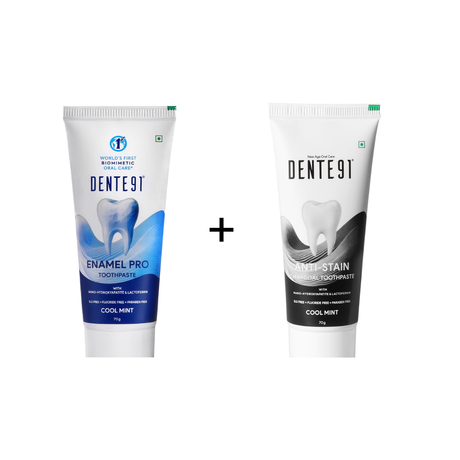 Dente91 Day & Night Toothpaste Combo (Enamel Pro 70g + Anti-Stain Charcoal 70g)